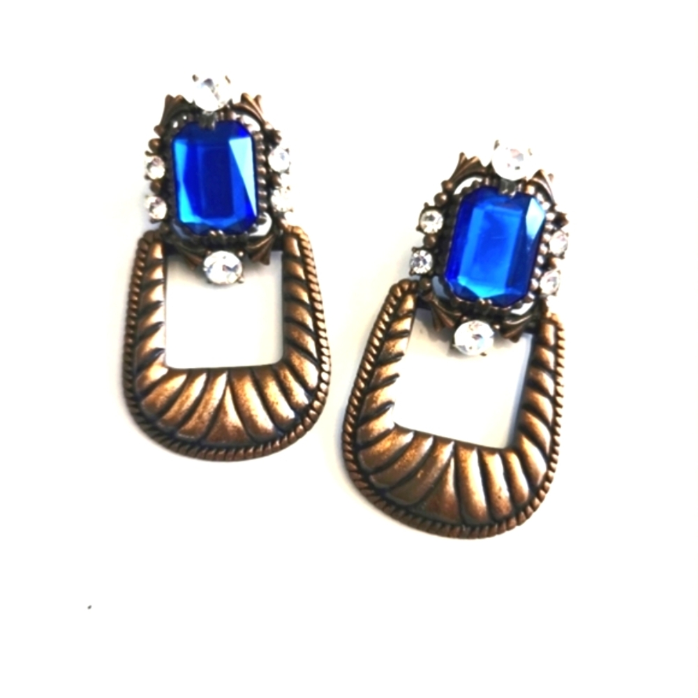 80s Art Deco Style Blue Rhinestone Dangle Earrings